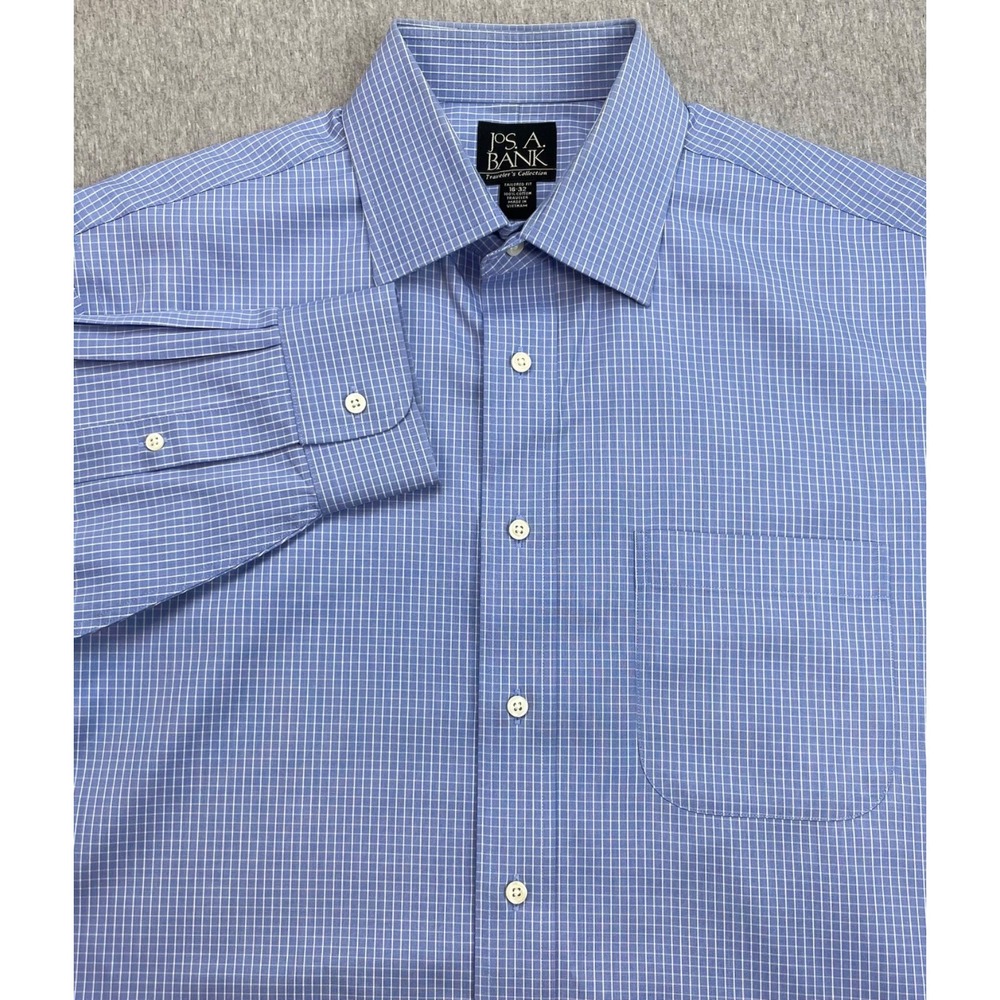 Jos A Bank Shirt Mens 16 - 32 Check 100% Cotton Tailored Fit Button Up